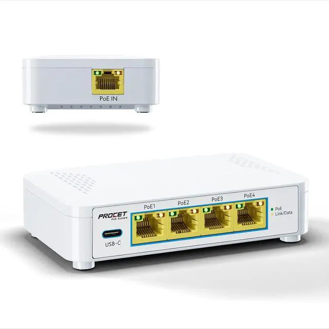 Main image of Gigabit 5 Port PoE Passthrough Switch with 1 USB-C 5V2A Port, Small PoE Powered Switch 4 PoE+ Output 802.3af/at & 1 PoE++ Input 802.3bt Compliant, Outdoor PoE Extender No Power Required, EN-PEX04GBC