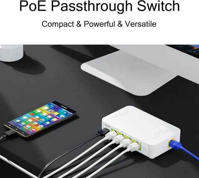 Alt view image 5 of 7 - Gigabit 5 Port PoE Passthrough Switch with 1 USB-C 5V2A Port, Small PoE Powered Switch 4 PoE+ Output 802.3af/at & 1 PoE++ Input 802.3bt Compliant, Outdoor PoE Extender No Power Required, EN-PEX04GBC