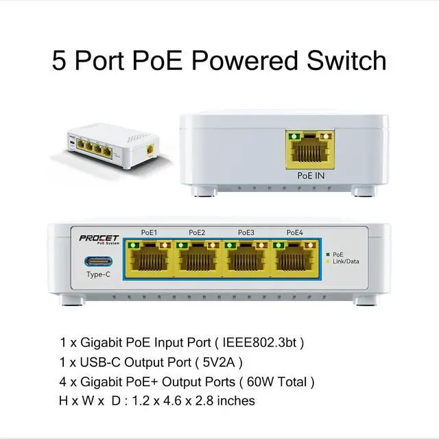 Alt view image 6 of 7 - Gigabit 5 Port PoE Passthrough Switch with 1 USB-C 5V2A Port, Small PoE Powered Switch 4 PoE+ Output 802.3af/at & 1 PoE++ Input 802.3bt Compliant, Outdoor PoE Extender No Power Required, EN-PEX04GBC