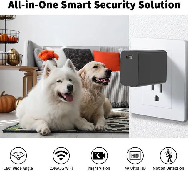 Alt view image 2 of 7 - 4K WiFi Security Camera Charger, 2.4G/5G Dual Band Mini Camera with 160° Wide Angle, Night Vision, Motion Detection, App Remote Monitoring, Indoor Home Nanny Cam for Pets, Office (Extra Small)