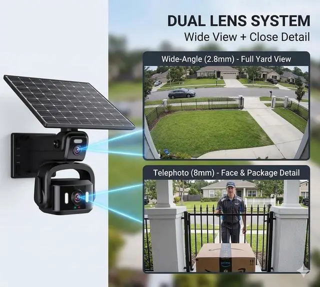 Alt view image 2 of 7 - 4G LTE Solar Security Camera Outdoor, Dual Lens 4K 8MP Wireless Camera with Dual Solar Panels, No WiFi Needed, 360° PTZ Color Night Vision, PIR Motion Detection, 2-Way Audio for Farm