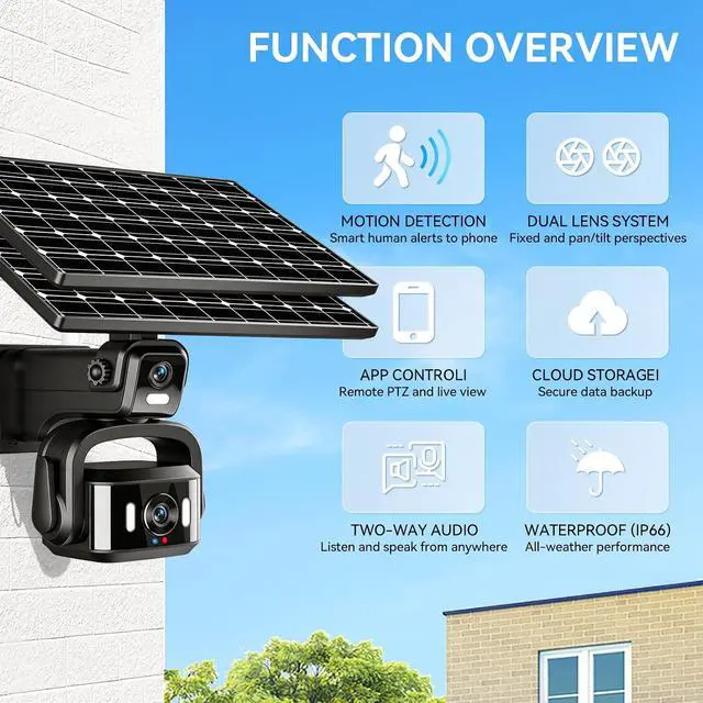 Alt view image 7 of 7 - 4G LTE Solar Security Camera Outdoor, Dual Lens 4K 8MP Wireless Camera with Dual Solar Panels, No WiFi Needed, 360° PTZ Color Night Vision, PIR Motion Detection, 2-Way Audio for Farm