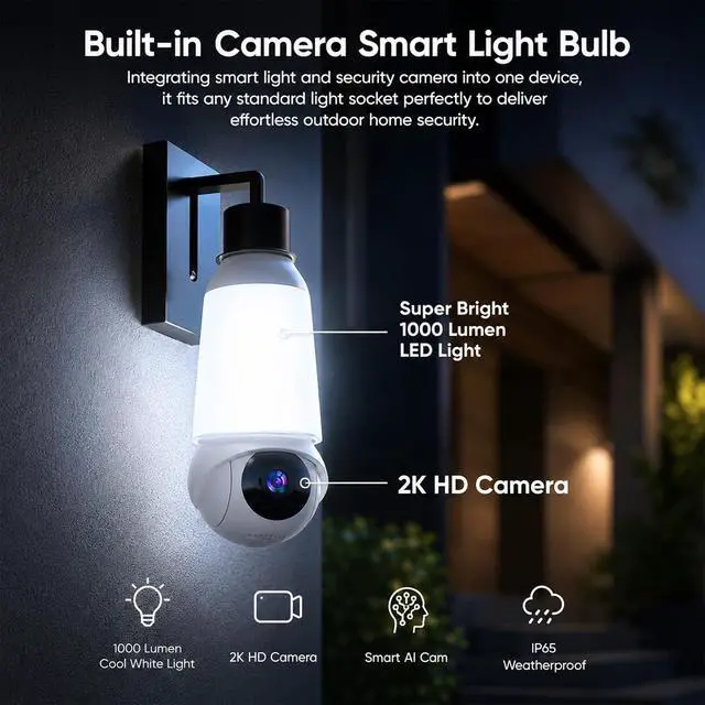 Alt view image 2 of 7 - Light Bulb Security Camera, Smart AI Cam 2K HD Outdoor Lightbulb Camera, 5G&2.4G WiFi PTZ Camera, 1000-Lumen LED, Color Night Vision, 911 Emergency Calling, Motion Dection (4Pack)