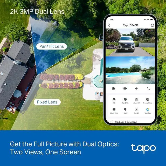 Alt view image 2 of 7 - Tapo 2K Outdoor Dual Lens Pan/Tilt Wi-Fi or PoE/DC Wired Security Camera - 165° Wide-Angle + 6mm Zoom Lens, Free Person/Vehicle Detect, 360 View, Subscription-Free SD Storage or Optional Cloud - C545D
