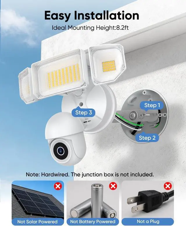 Alt view image 2 of 7 - Floodlight Camera Hardwired 6500LM, 2K+ UHD Outdoor Security Camera, 360° Pan & Tilt View, AI Detection & Tracking, 24/7 Recording, Color Night Vision, 5GHz/2.4GHz WiFi, Compatible with Alexa