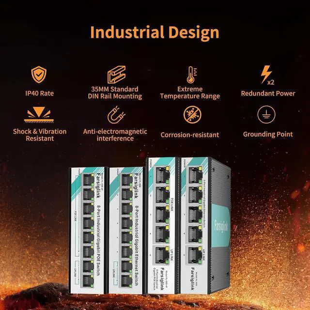 Alt view image 7 of 7 - PoE Switch 5-Port Gigabit Mini Industrial Switch, RJ45 10/100/1000Mbps 802.3at Ethernet Switch, 10Gbps Switching Capacity, Plug & Play, DIN-Rail / Wall Mount