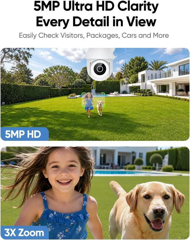 Alt view image 4 of 7 - Floodlight Camera Hardwired 6500LM, 2K+ UHD Outdoor Security Camera, 360° Pan & Tilt View, AI Detection & Tracking, 24/7 Recording, Color Night Vision, 5GHz/2.4GHz WiFi, Compatible with Alexa