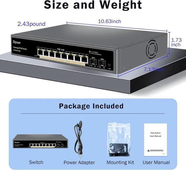 Alt view image 6 of 7 - 10 Port Unmanaged 2.5G PoE Switch with 8 x 2.5G PoE+ Ports @120W, 2 x 10G SFP+, IEEE802.3af/at Compliant, Ports Speed Auto-Negotiation, One-Key VLAN, Plug & Play, Fanless Metal Design