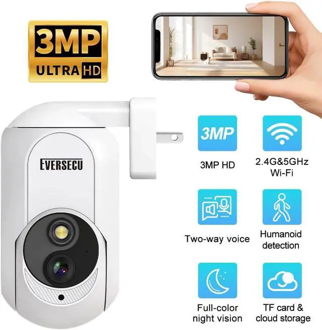 Alt view image 2 of 7 - EVERSECU 2K Plug&Play Wireless PTZ Security Camera, Built-in Power Outlet Plug, Motion detction, Humanoid Auto Tracking, 2-Way Audio, Spotlight Color Night Vision, Supports ONVIF & RTSP & Alexa(4pack)