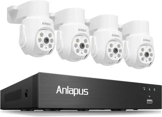Main image of Anlapus Surveillance Camera Kit 5 MP, 8CH DVR Without HDD, 4 x 360° PTZ Dome Cameras with Cable, People and Vehicles Recognition by AI, Audio Recording