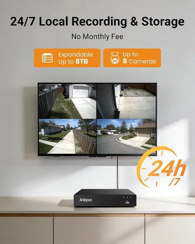 Alt view image 4 of 7 - Anlapus Surveillance Camera Kit 5 MP, 8CH DVR Without HDD, 4 x 360° PTZ Dome Cameras with Cable, People and Vehicles Recognition by AI, Audio Recording