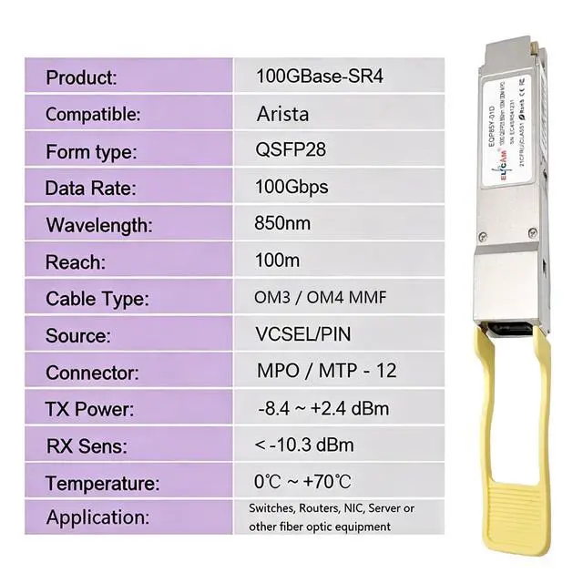 Alt view image 2 of 6 - Elfcam® - 100G Transceiver Module QSFP28 100GBASE-SR4 850nm 100m DOM MTP/MPO Compatible with Arista