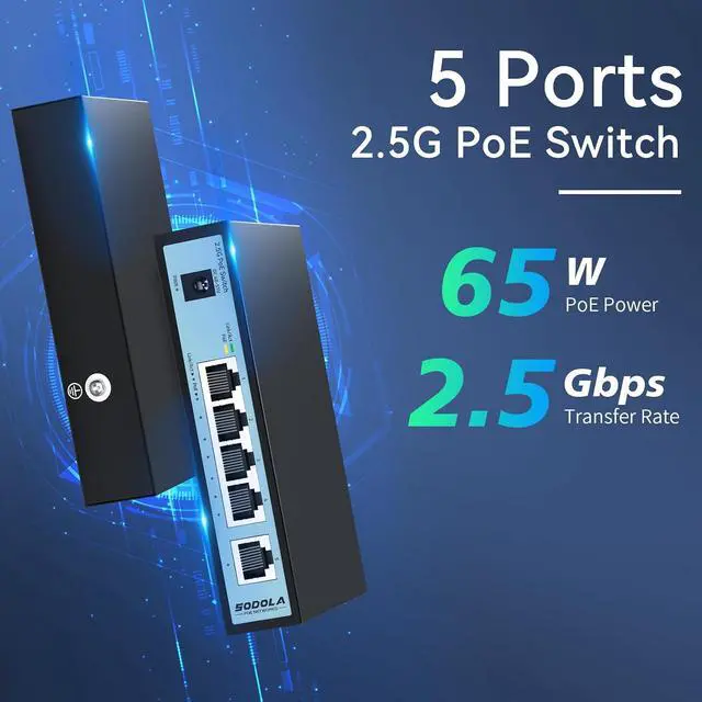 Alt view image 3 of 7 - SODOLA 2.5Gb PoE Switch, 4-Port 2.5G PoE+ Unmanaged Switch with 1-Port 2.5G Uplink, 65W Total Power, IEEE802.3af/at, Plug & Play, Fanless Quiet, for IP Camera/Access Point/VoIP