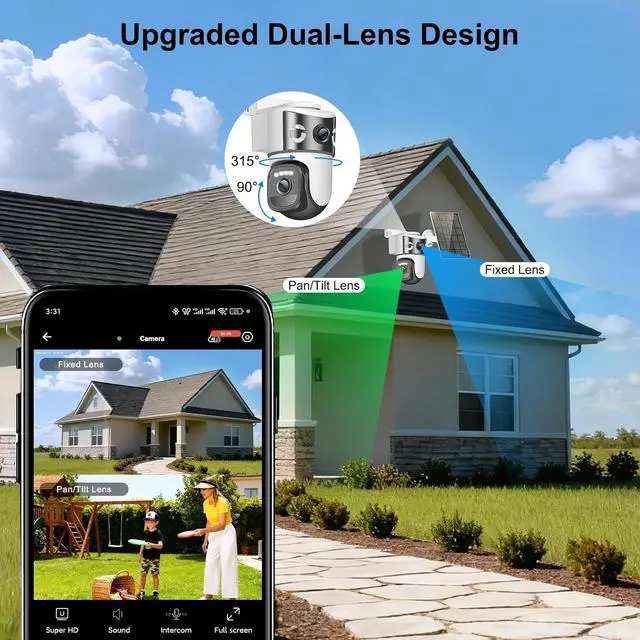 Alt view image 2 of 6 - 8MP 4K Solar Security Camera Outdoor, Dual Lens Wireless WiFi PTZ Camera, 360° Pan 90° Tilt, Color Night Vision, Auto Human Tracking, Two-Way Audio, IP66 Weatherproof Home Surveillance Camera