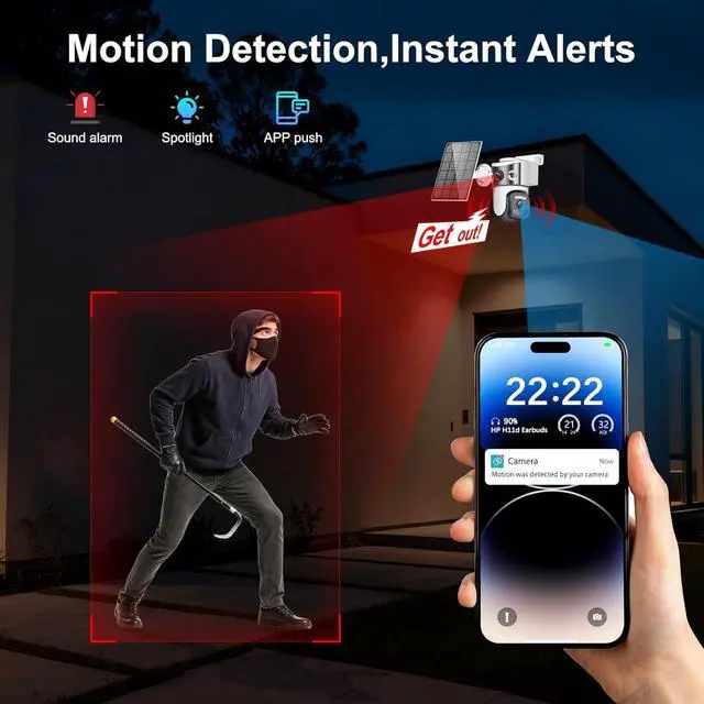 Alt view image 5 of 6 - 8MP 4K Solar Security Camera Outdoor, Dual Lens Wireless WiFi PTZ Camera, 360° Pan 90° Tilt, Color Night Vision, Auto Human Tracking, Two-Way Audio, IP66 Weatherproof Home Surveillance Camera