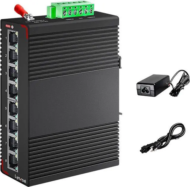 Main image of 8 Port Gigabit DIN-Rail Industrial Ethernet Switch, 16Gbps Switching Capacity, 10/100/1000Mbps Unmanaged Network Switch, IP40 Rated (-40 to 185°F) with One UL AC Power Supply