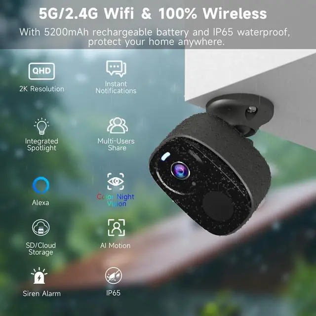 Alt view image 2 of 7 - 4Pack 5G/2.4G WiFi Security Cameras, 2K Security Cameras Wireless Outdoor Battery Powered with AI Motion Detection Siren Alarm, Color Night Vision, 2-Way Talk, IP65 Waterproof, Works w/Alexa, Cloud/SD