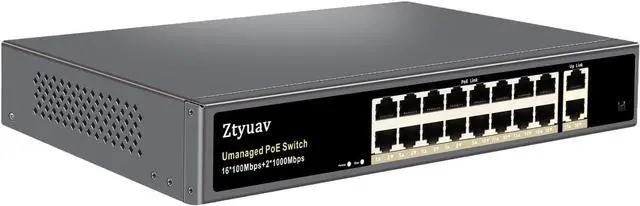 Main image of 18-Port Unmanaged PoE Switch with 16 PoE+ Ports @250W 10/100Mbps and 2 Gigabit Uplink Ports, IEEE802.3af/at Supported, PoE Watchdog, VLAN Mode, Extend to 250m, Metal Fanless Plug & Play