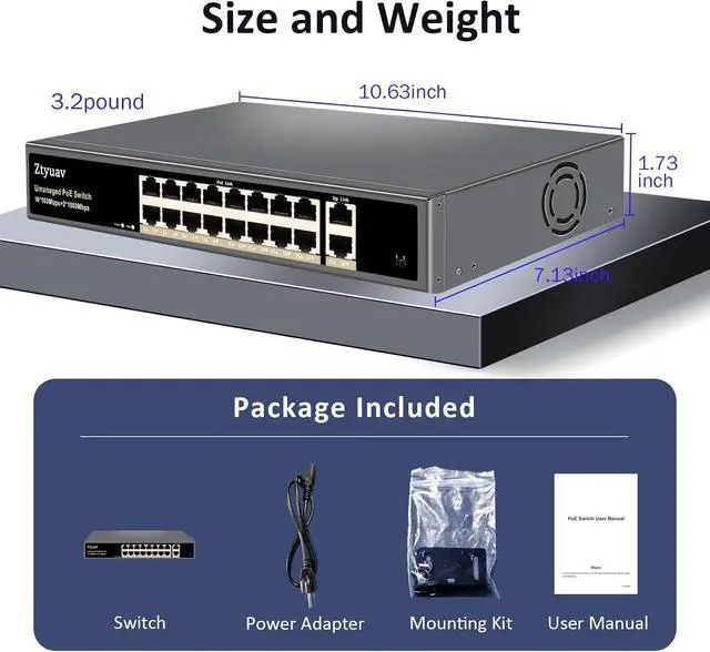 Alt view image 6 of 7 - 18-Port Unmanaged PoE Switch with 16 PoE+ Ports @250W 10/100Mbps and 2 Gigabit Uplink Ports, IEEE802.3af/at Supported, PoE Watchdog, VLAN Mode, Extend to 250m, Metal Fanless Plug & Play