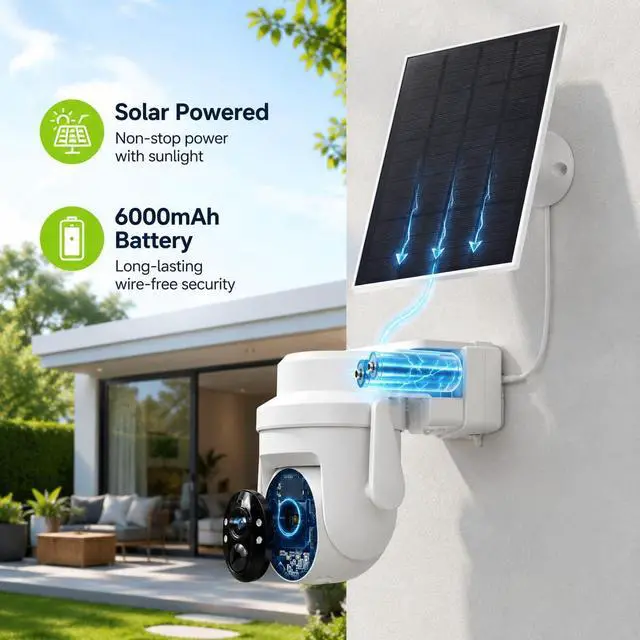 Alt view image 2 of 7 - 2K Solar Security Wireless Camera Outdoor, 2 Pack 2.4Ghz WiFi Battery Camera, 355° View Pan/Tilt Solar Camera with PIR Alarm, 2-Way Audio, Color Night Vision, IP65 Waterproof, Cloud & SD Storage