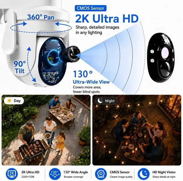 Alt view image 5 of 7 - 2K Solar Security Wireless Camera Outdoor, 2 Pack 2.4Ghz WiFi Battery Camera, 355° View Pan/Tilt Solar Camera with PIR Alarm, 2-Way Audio, Color Night Vision, IP65 Waterproof, Cloud & SD Storage