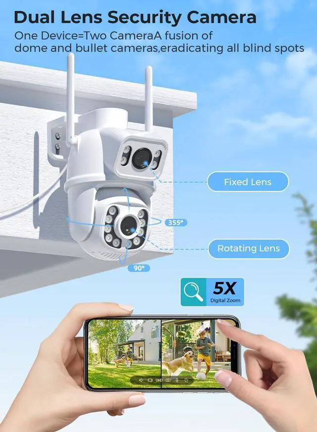 Alt view image 2 of 7 - Outdoor Camera Wireless for Home Security, 2K/6MP Outside WiFi Cameras IP66 PTZ Outdoor Camera with Dual Lens, Auto Tracking,Human Detection,Color Night Vision,24/7 Record,Two-Way Audio,Support Alexa
