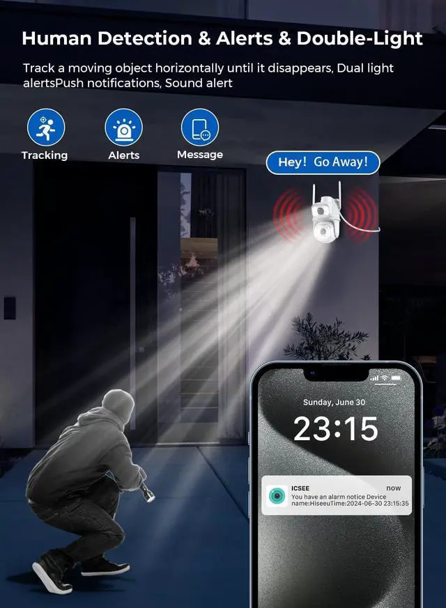 Alt view image 4 of 7 - Outdoor Camera Wireless for Home Security, 2K/6MP Outside WiFi Cameras IP66 PTZ Outdoor Camera with Dual Lens, Auto Tracking,Human Detection,Color Night Vision,24/7 Record,Two-Way Audio,Support Alexa