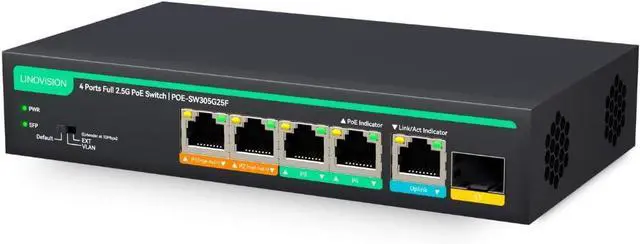 Main image of LINOVISION 4 Ports Full 2.5G PoE Switch with 1x 2.5GE and 1x 10G SFP Uplink, Port 1-2 Support 45W High PoE, Total PoE Budget 100W