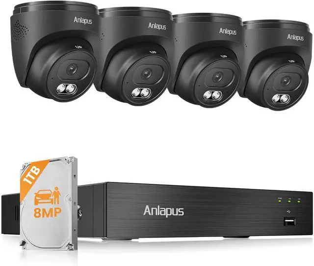 Main image of Anlapus 4K Home Security Camera System Outdoor Indoor, H.265+ 8CH CCTV DVR with AI Human Vehicle Detection, 4 x Wired Surveillance Dome Camera, 80ft Night Vision, Audio Recording, Remote Access