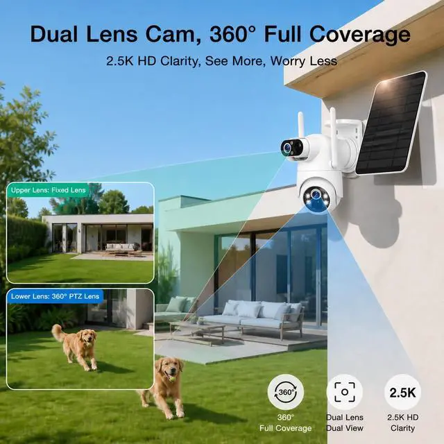 Alt view image 2 of 7 - Dual Lens Solar Security Camera Wireless Outdoor 2.5K HD No Blind Spot with PIR Motion Detection, 360° PTZ, Full Color Night Vision, 5G/2.4GHz WiFi, IP65 Waterproof for Home, Business & Outdoor Use