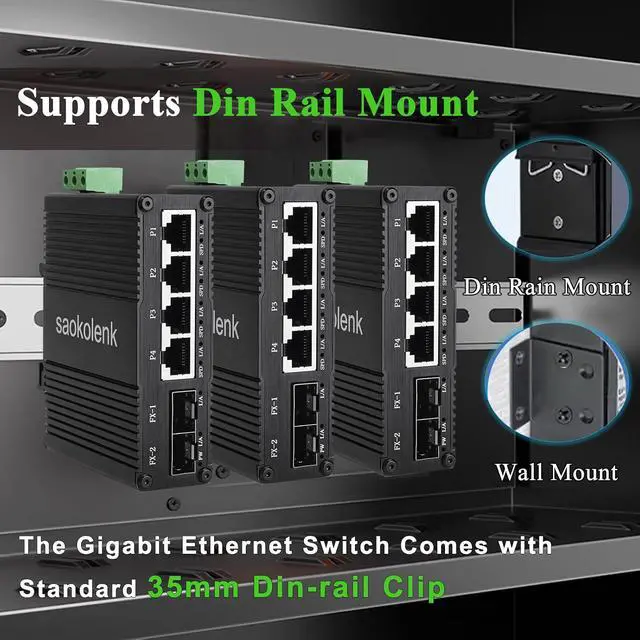 Alt view image 5 of 7 - Industrial 4 Ports Gigabit Ethernet Switch with 2 SFP Din Rail 85-250V AC 1000M Network Switch Unmanaged Wall Mounts 4 RJ45 2 SFP Fiber Switch (Non-PoE Type)
