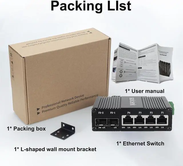 Alt view image 7 of 7 - Industrial 4 Ports Gigabit Ethernet Switch with 2 SFP Din Rail 85-250V AC 1000M Network Switch Unmanaged Wall Mounts 4 RJ45 2 SFP Fiber Switch (Non-PoE Type)