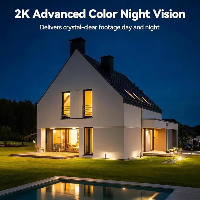 Alt view image 6 of 7 - Chpuss Solar Security Camera Wireless Outdoor, 2K HD Surveillance Solar Powered WiFi Camera, Color Night Vision, PIR Detection, 360° View, 2-Way Talk, Spotlight Siren Alarm (Black & White - 2PACK)