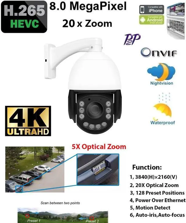 Alt view image 2 of 4 - GW Security 8MP Pan Tilt Zoom IP PoE 20X Optical Zoom 4K 3840 x 2160p Outdoor Indoor Security Speed Dome PTZ Camera with 330ft IR Night Vision (GW810PTZ)