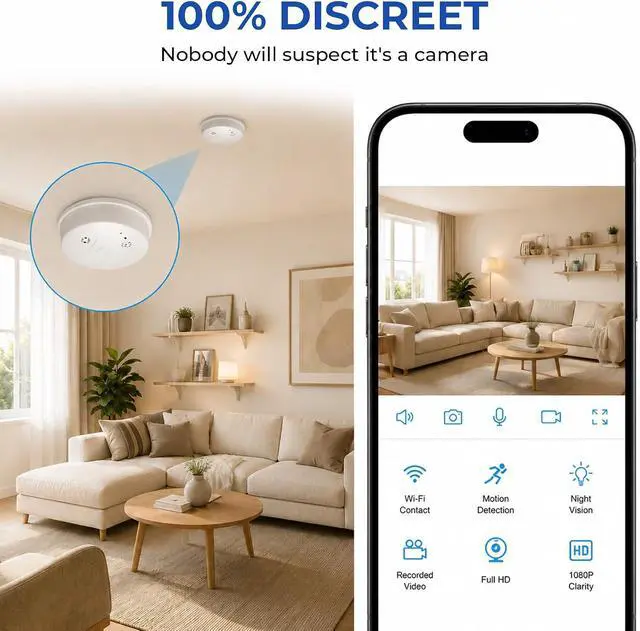 Alt view image 6 of 7 - HD 1080P Camera Smoke Detector, WiFi Mini Small Nanny Cam with Motion Detection, Indoor Wireless Surveillance for Home Security/Office with app