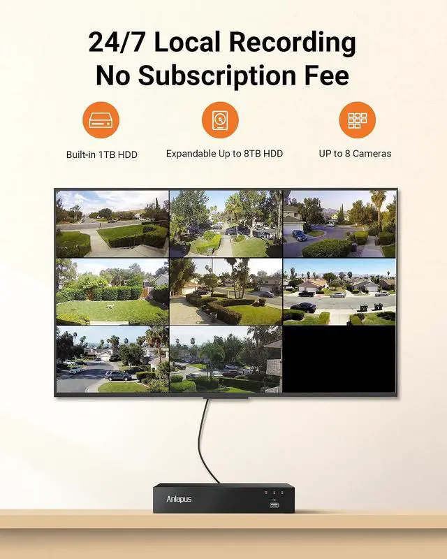 Alt view image 7 of 7 - Anlapus 4K 8MP Home Security Camera System, 8 Channel H.265+ DVR with 1TB HDD, 4 x Wired CCTV Cameras Outdoor Indoor, AI Human Vehicle Detection, Audio Recording, 80ft Night Vision, Remote Access
