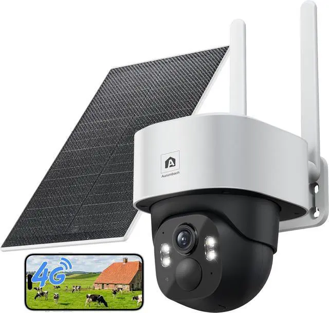 Main image of Aurumbach 4G LTE Cellular Solar Security Camera Wireless Outdoor, No WiFi Solar Powered Cameras, 4MP PTZ 360° View, Motion Tracking, Color Night Vision, AI Detection, Built-in eSIM