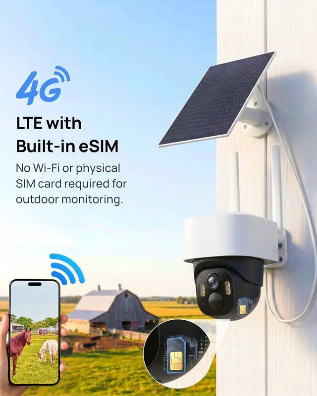 Alt view image 2 of 7 - Aurumbach 4G LTE Cellular Solar Security Camera Wireless Outdoor, No WiFi Solar Powered Cameras, 4MP PTZ 360° View, Motion Tracking, Color Night Vision, AI Detection, Built-in eSIM