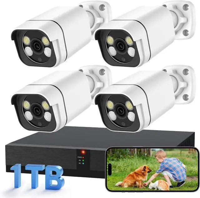 Main image of 4K Security Camera System, 4pcs 2K PoE Wired Turret Cameras with Human Detection and 2 Way Talk, Color Night Vision, 8MP 4CH NVR with 1TB Hard Drive for 24/7 Local Recording, No Subscription (4 CAM)