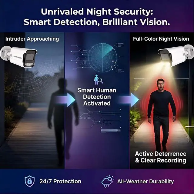 Alt view image 3 of 7 - 8CH 5MP Home Security Camera System, 4 x PoE IP Cameras with Person Detection, 500GB HDD for 24/7 Recording, Two-Way Audio,100ft Night Vision, IP66 Weatherproof, No Monthly Fees