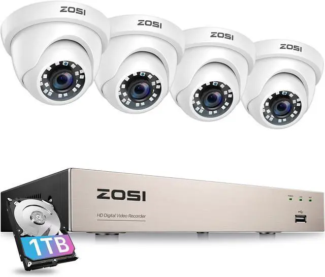 Main image of ZOSI Security Camera System 8CH 1080N/720P 4-IN-1 HD-TVI DVR Recorder with (4) 1.0MP 1280TVL Weatherproof Indoor/Outdoor Surveillance Dome Cameras, 1TB Hard Drive, Motion Alert& Remote Access (White)