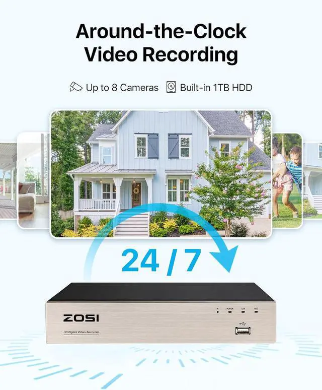Alt view image 7 of 7 - ZOSI Security Camera System 8CH 1080N/720P 4-IN-1 HD-TVI DVR Recorder with (4) 1.0MP 1280TVL Weatherproof Indoor/Outdoor Surveillance Dome Cameras, 1TB Hard Drive, Motion Alert& Remote Access (White)