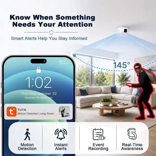Alt view image 7 of 7 - Smoke Detector Wireless Security Camera with 330° Coverage, 2.4G/5G Wi-Fi