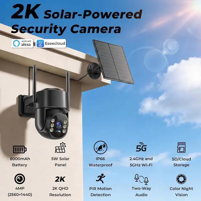 Alt view image 2 of 7 - 2K Security Cameras Wireless Outdoor, 5G & 2.4 WiFi Cameras for Home Security Solar/Battery Powered with Solar Panel, 360° PTZ Human Detection, Color Night Vision, Works with Alexa(2 Pack)