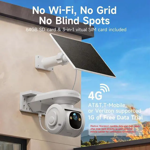 Alt view image 2 of 7 - 4G LTE Cellular Solar Security Camera Wireless Outdoor, No WiFi 2.5K Solar Powered Camera, Pan and Tilt, with SIM Card and 64GB SD Card, Color Night Vision, AI Motion Tracking, 2 Way Talk
