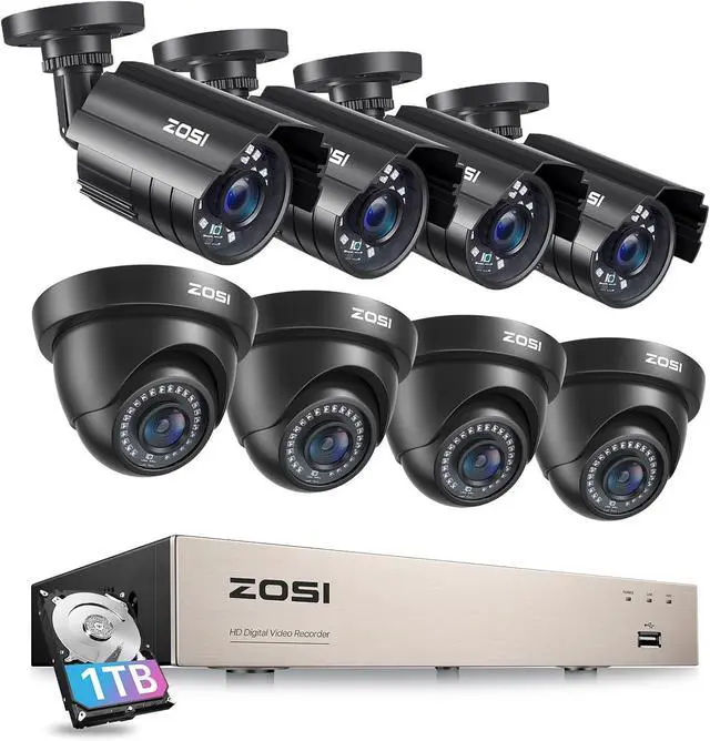 Main image of ZOSI Security Camera System 8CH 4-IN-1 HD-TVI 1080N/720P Surveillance Video Recorder with (8) 1.0MP Bullet/Dome Weatherproof CCTV Cameras 1TB Hard Drive, Motion Alert, Smartphone Remote Access
