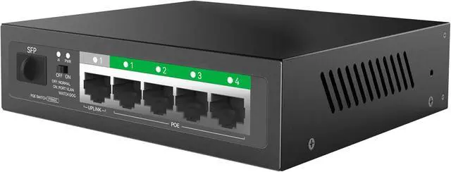 Alt view image 3 of 3 - P106GC 4-Port PoE+ Unmanaged Switch, PoE, 4-Port GbE RJ45 Uplink & 1 SFP Uplink, 60W Budget, IEEE 802.3af/at, VLAN & AI Watch Dog Mode, for IP Cameras and Office Networks