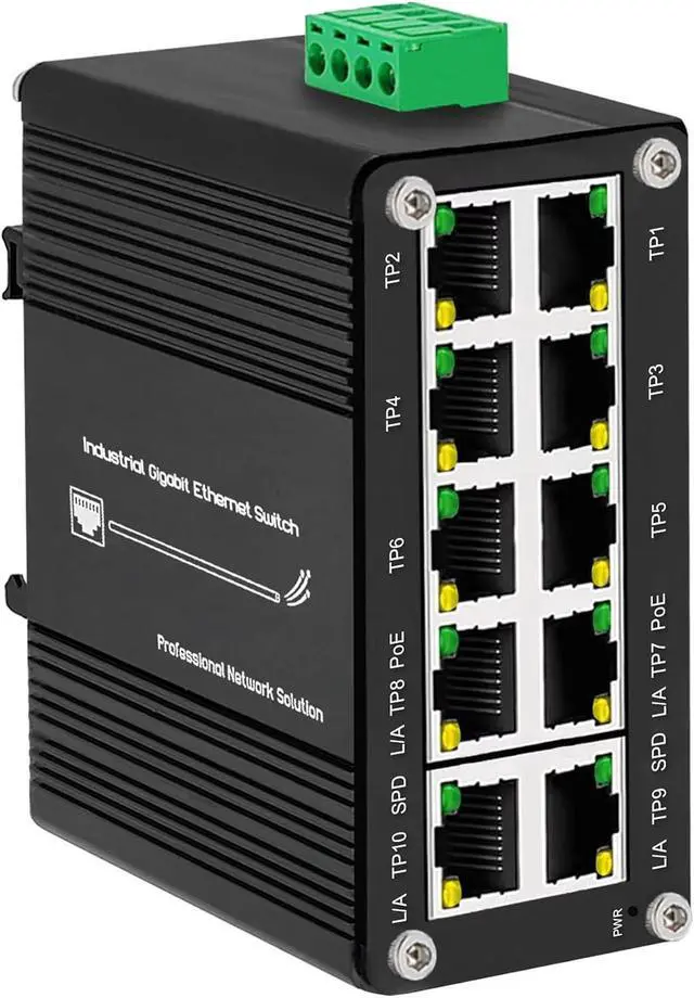 Alt view image 2 of 7 - Mini Industrial 10 Ports Gigabit Ethernet Switch 10/100/1000Mbps Network IP40 Aluminium Case DIN-Rail Installation(10 Port PoE Switch)