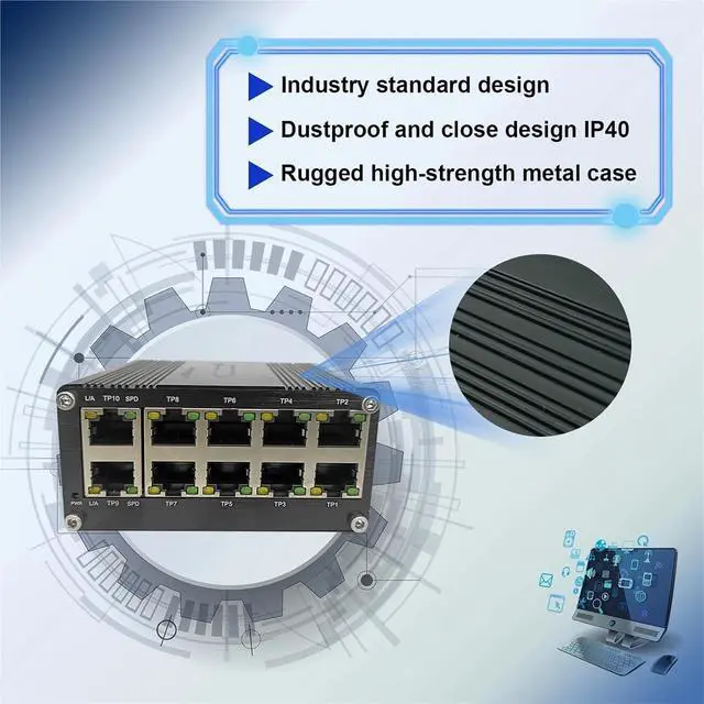 Alt view image 5 of 7 - Mini Industrial 10 Ports Gigabit Ethernet Switch 10/100/1000Mbps Network IP40 Aluminium Case DIN-Rail Installation(10 Port PoE Switch)
