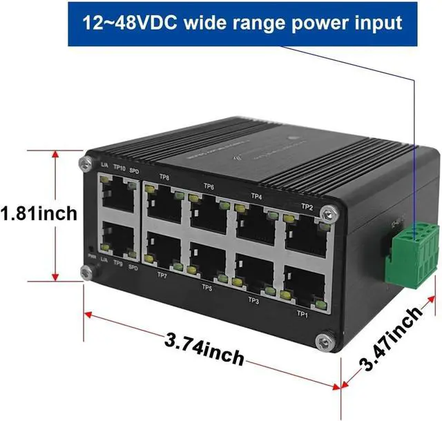 Alt view image 6 of 7 - Mini Industrial 10 Ports Gigabit Ethernet Switch 10/100/1000Mbps Network IP40 Aluminium Case DIN-Rail Installation(10 Port PoE Switch)